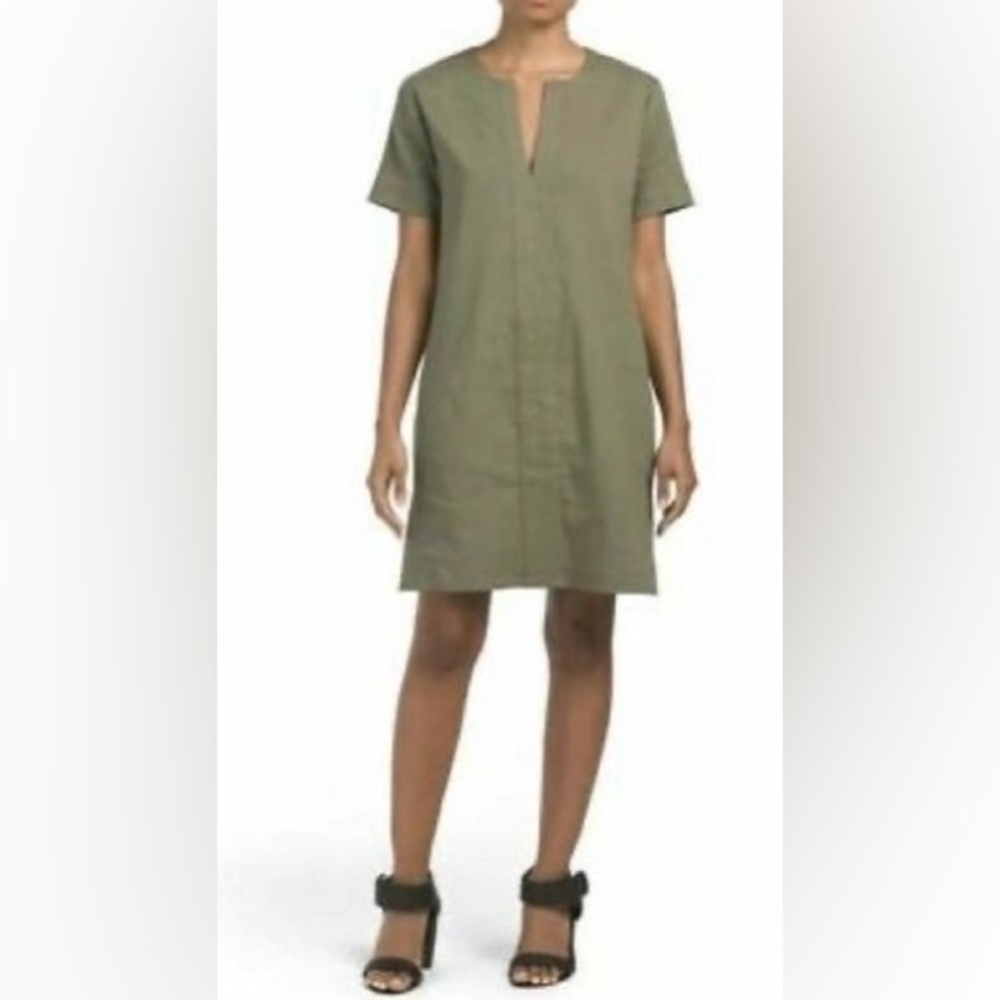 THEORY Linen Shift Dress Caliver Green‎ Small